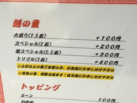 新潟背脂煮干醤油にしやま亭麺量メニュー